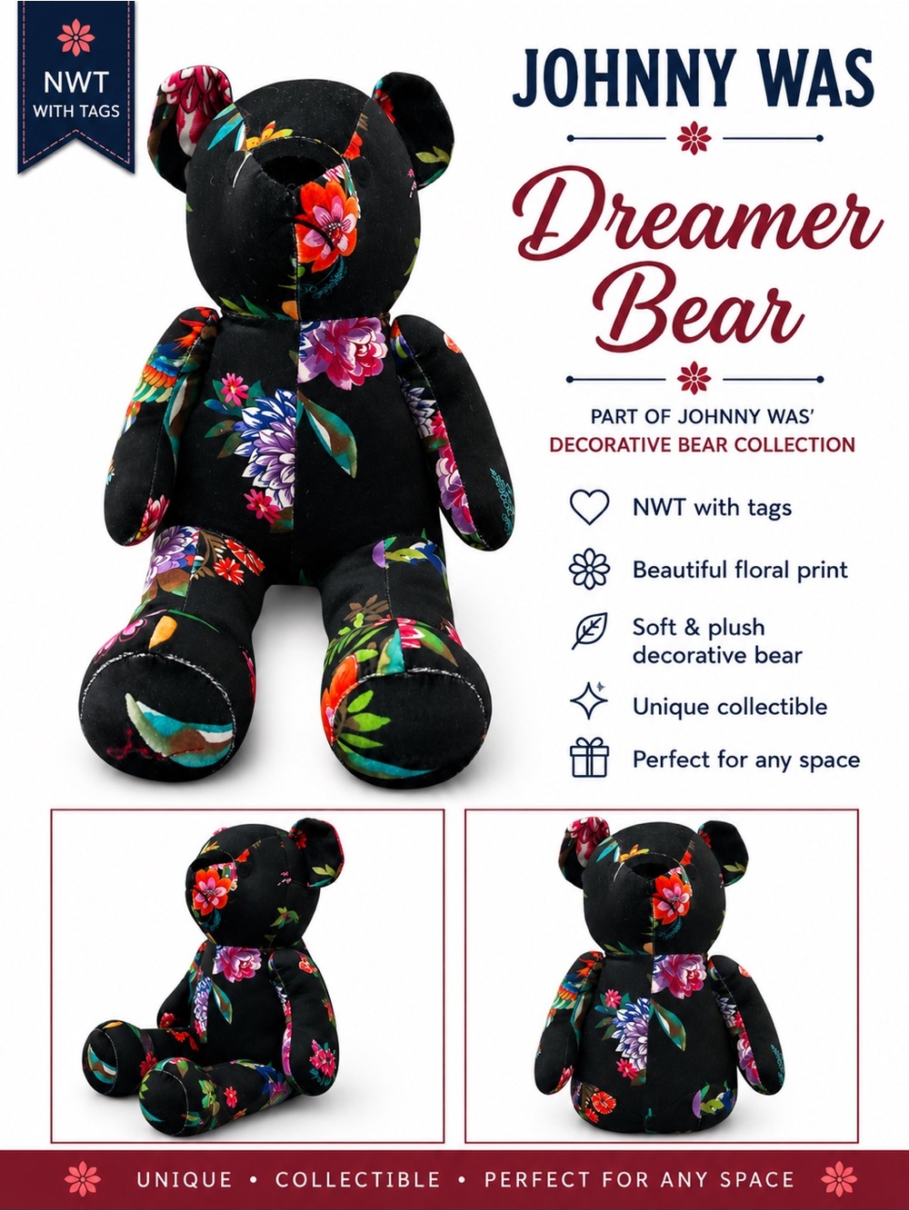 Johnny Was Dreamer Bear Floral Decorative Plush NWT Collectible